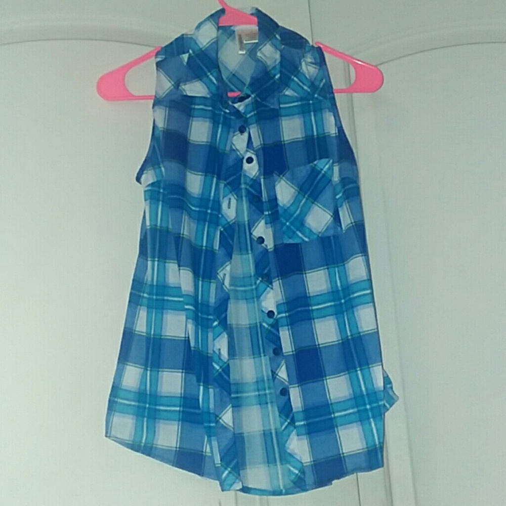 A collared, button up flanel tank top.